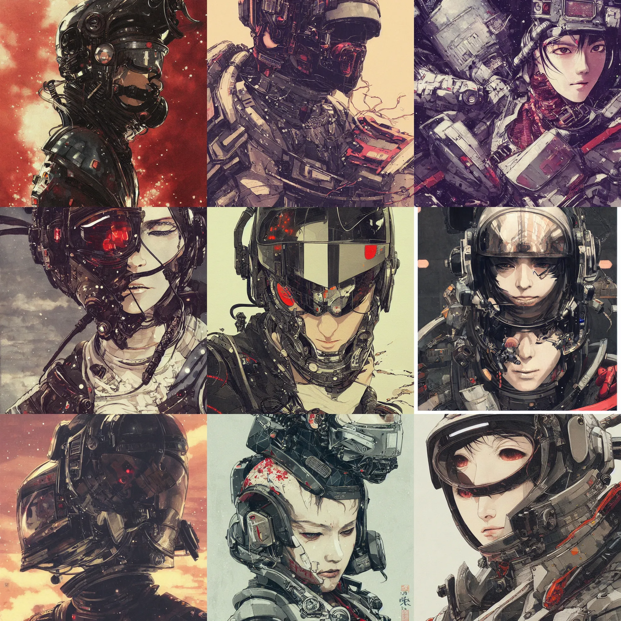 Image similar to a beautiful ukiyo painting of cyberpunk battle space pilot, wearing space techwear, detailed symmetrical close up portrait, intricate complexity, concept art, by takato yamamoto, wlop, krenz cushart. cinematic dramatic atmosphere, sharp focus