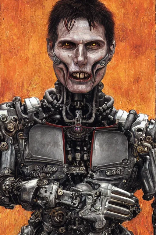 Image similar to portrait of demonic gothic Tom Cruise in mechanical power armor, cyberpunk, Warhammer, highly detailed, artstation, illustration, art by Gustav Klimt