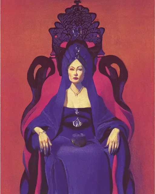 Image similar to an illustration of a queen on a throne at night by johann heinrich fussli, by nicholas roerich, by georgia o keeffe, realistic, detailed, oil painting, 1 9 th