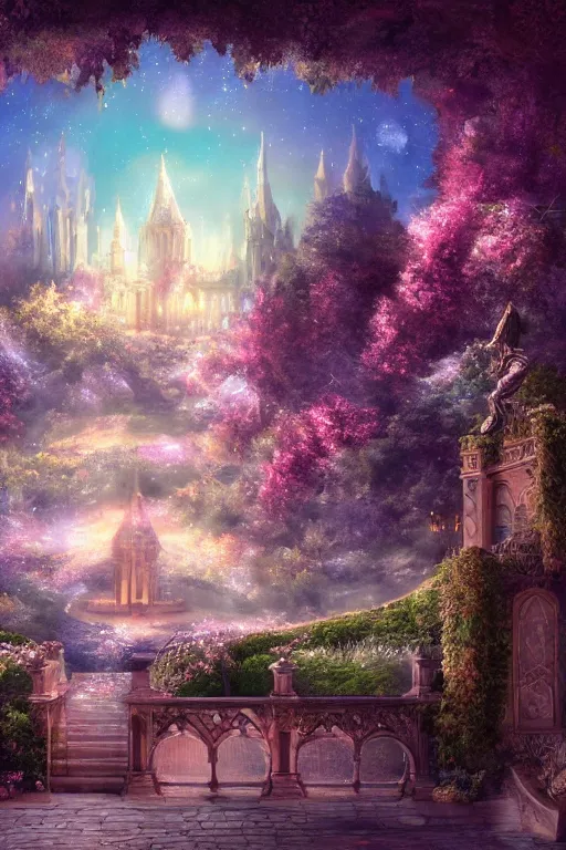 Prompt: Gorgeous crystal palace, CG rendering European style, overlooking, fairy tale, rose surround, lighting effect, heavenly, starry sky, super detail, illustration, 4K, unreal engine, ethereal cloud, HD