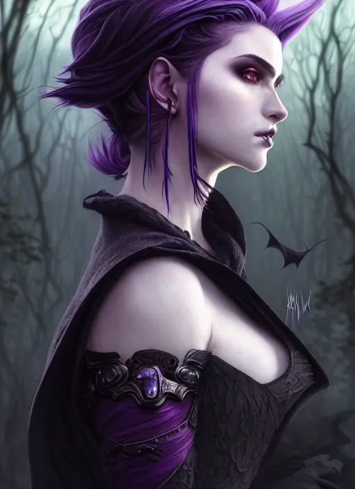 Image similar to side portrait dark witch, adventurer outfit large cloak, fantasy forest landscape, dragon scales, fantasy magic, undercut hairstyle, short purple black fade hair, dark light night, intricate, elegant, sharp focus, illustration, highly detailed, digital painting, concept art, matte, art by WLOP and Artgerm and Greg Rutkowski and Alphonse Mucha, masterpiece