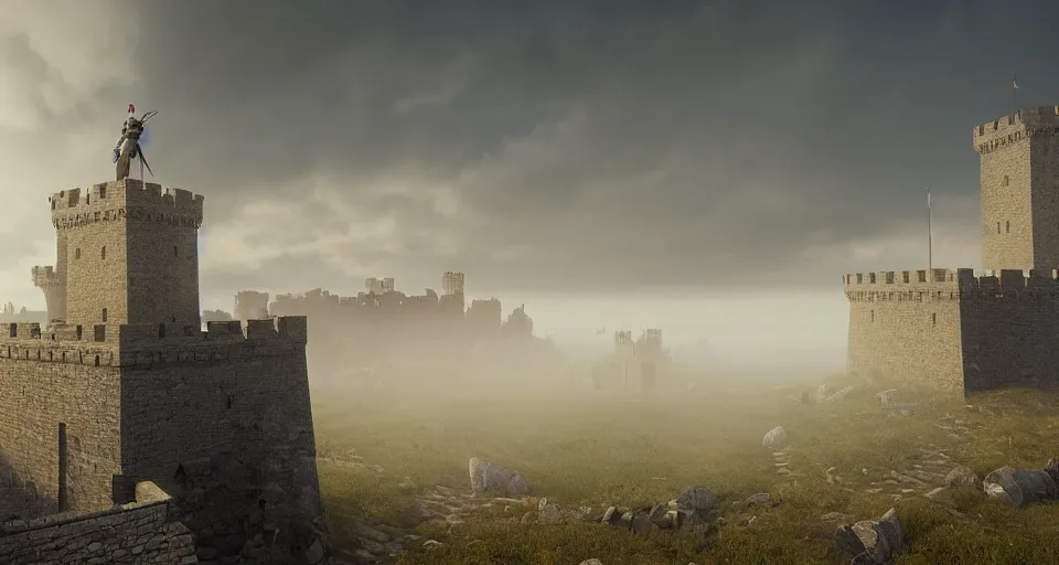 Image similar to three medieval soldiers atop a castle wall looking over a vast medieval kingdom rule by an evil king. it is a quiet morning. mist, epic, cinematic, volumetric lighting, fantasy style, highly - detailed, unreal 5, realism