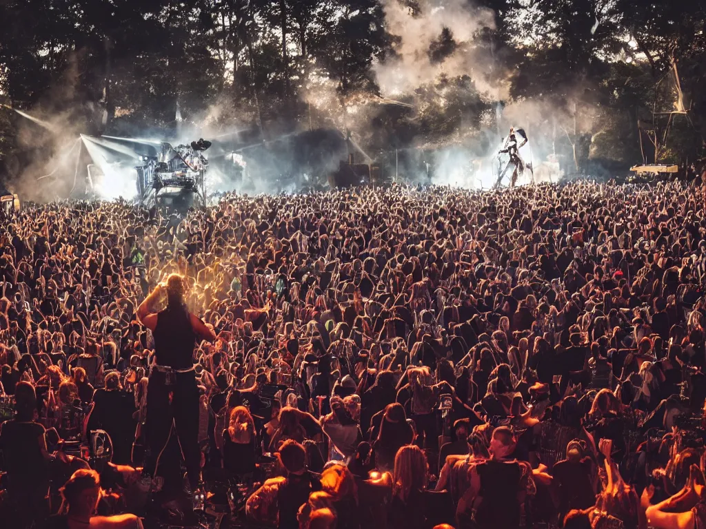 Prompt: a cyborg dj is playing a vast array of highly evolved musical technology on a stage surrounded by an incredible and complex circular robotic structure playing highly evolved music overlooking a crowd at a forest festival lit by fire