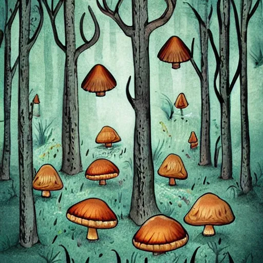 Prompt: whimsical illustrations of mushrooms in the forest