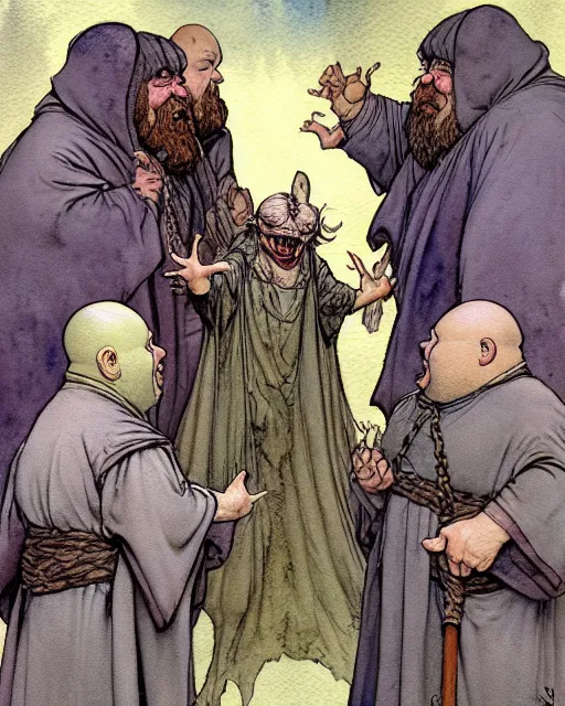 Image similar to a realistic and atmospheric watercolour fantasy character concept art portrait of a fat adorable dirty chibi alien greeting a group of medieval monks in grey robes. by rebecca guay, michael kaluta, charles vess and jean moebius giraud