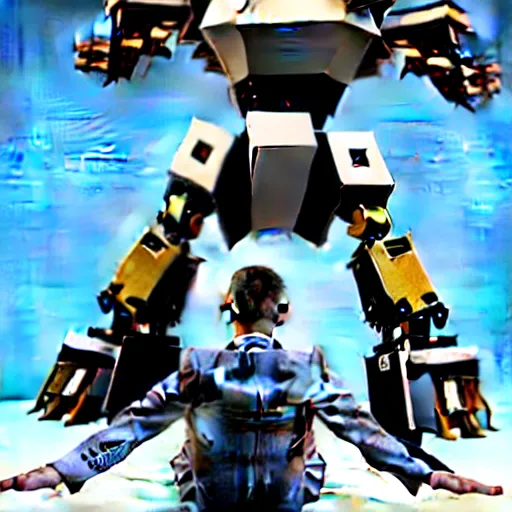 Image similar to a man sitting on a mecha’s shoulders, hyperrealistic, 3D