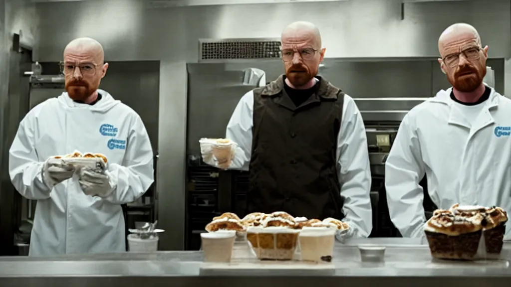 Prompt: walter white and jesse pinkman working at cinnabon, film still from the movie directed by denis villeneuve