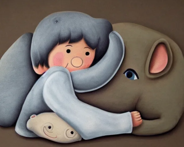 Prompt: a beautiful detailed cartoon portrait of a little boy hugging his elephant pillow, sharp high quality