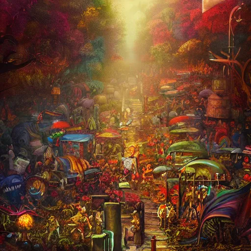 Image similar to woodstock 1 9 6 9 ornate background, beautiful fantasy detailed trending on artstation, oil painting, dramatic lighting, eterea, high quality print, fine art with subtle redshift rendering