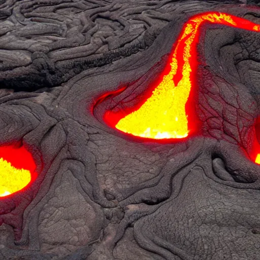Prompt: cooling lava flow shaped like contorted human bodies, souls of the damned, volcanic island, dreadful implications, magma, lava, volcano.