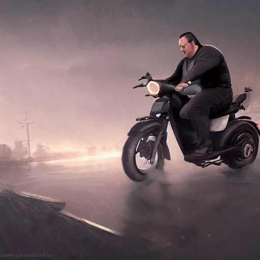 Image similar to obese Steven Seagal riding a scooter, amazing splashscreen artwork, splash art, natural light, elegant, intricate, fantasy, atmospheric lighting, cinematic, matte painting, by Greg rutkowski