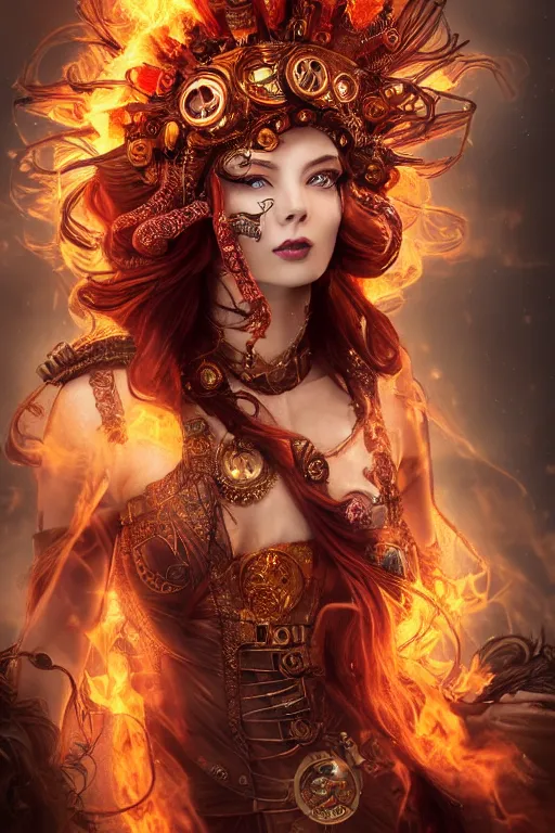 Image similar to a beautiful image of a young woman, steampunk Chandra queen of fire, big googles over her head, long flowing hair glowing with fire, steampunk costume mostly red and gold young female face, cinematic top lighting, insanely detailed and intricate, face by wlop, Charlie Bowater, golden ratio, symmetric, elegant, ornate, luxury, elite, matte painting, cinematic, trending on artstation, deviantart and cgsociety, 8k, high resolution