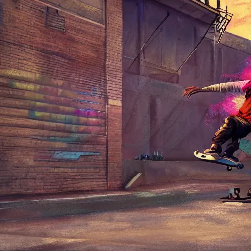 Prompt: a beautiful painting of a post apocalyptic skateboarder doing a kickflip, artstationhd, cinematic, kickflip, awesome color palette, colorful, skateboarder, kickflip, trick, crowd, fire