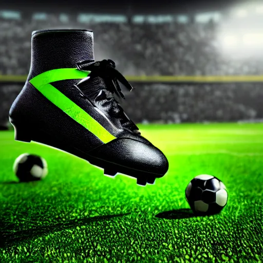 Image similar to a closeup photorealistic photograph of a black soccer boot kicking a green and black soccer ball, fantastic four theme.. bright scene. fine detail. this 4 k hd image is trending on artstation, featured on behance, well - rendered, extra crisp, features intricate detail, epic composition and the style of unreal engine.
