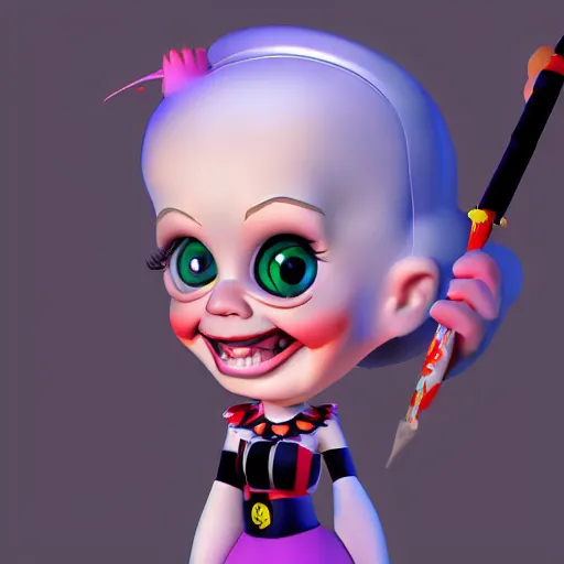 Image similar to baby harley queen caricature playing with a magic wand, full body, big head, large smile, pixar style, 4 k trending on artstation