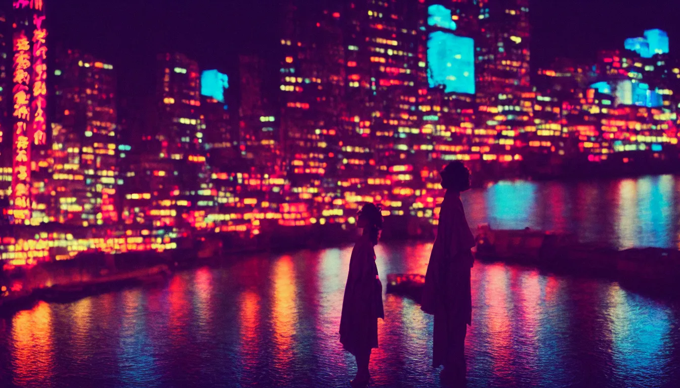 Prompt: 80s neon movie still with a lonely woman in a kimono standing by a river at night with city lights in front of her. She is looking at the city. hyperrealistic, high definition, medium format photography, highly detailed, technicolor, anamorphic 50mm lens