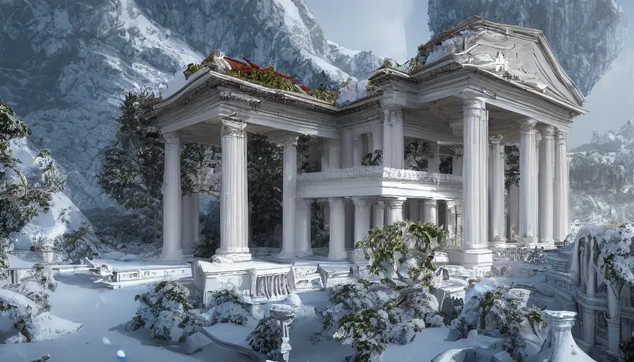 Prompt: Large bright white palace with columns and a large garden on a snowy mountain, hyperdetailed, artstation, cgsociety, 8k