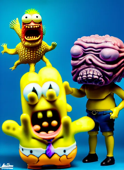 Image similar to hyperrealistic rendering, fat smooth john carpenter flesh monster spongebob by art of skinner and richard corben and jeff easley, product photography, action figure, sofubi, studio lighting, colored gels, colored background