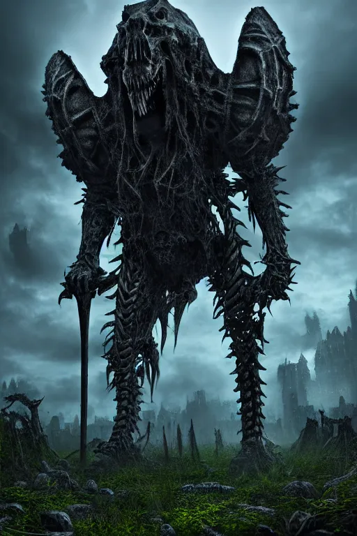 Image similar to post - gothic giant creepy chimera, exoskeleton armor, attacking with axe, dystopian ruins covered in vegetation, highly detailed smooth digital art masterpiece, vitaly bulgarov giger dramatic dark blue light, ground angle hd 8 k, sharp focus