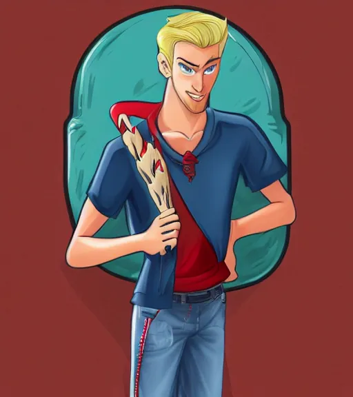 Prompt: tall skinny white guy with very short blonde beard wearing an nc state red baseball cap and red shirt full color digital illustration in the style of don bluth, artgerm, artstation trending, 4 k