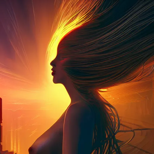 Image similar to Beautiful 3d render of a stunning!!! woman with flowing red hair in a sensual pose, atmospheric lighting, painted, intricate, volumetric lighting, beautiful, rich deep colors masterpiece, golden hour, sharp focus, ultra detailed, in the style of Dan Mumford and Johfra Bosschart, with a crowded futuristic cyberpunk city in the background, astrophotography