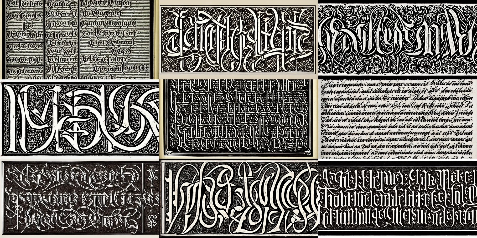Prompt: a type specimen of large gothic lettering, blackletter, fraktur, typography, black and white