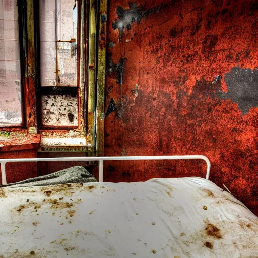 Prompt: high definition colour photo of a rusty old hospital bed in an abandoned hospital, real life photography, horror, biological photo, fullbody, dynamic lighting, beautiful