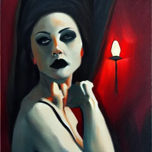 Prompt: macabre, female, noir oil painting, dark, dramatic lighting, shadow,