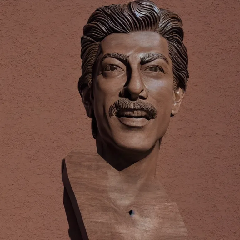 Image similar to public sculpture minimalist!!! portrait of a shah rukh khan, beautiful symmetrical face accurate face detailed face realistic proportions, carved out of red oak wood on a pedestal by stephan balkenhol and martin puryear and ron mueck, hyperrealistic dramatic lighting shocking detail trending on artstation 8 k