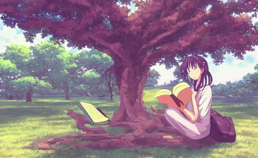 Prompt: An anime girl sitting under a tree, reading a book, anime lofi art