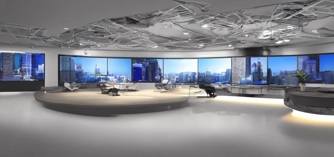 Prompt: super detailed v-ray render, news studio set, wide shot highly reflective light