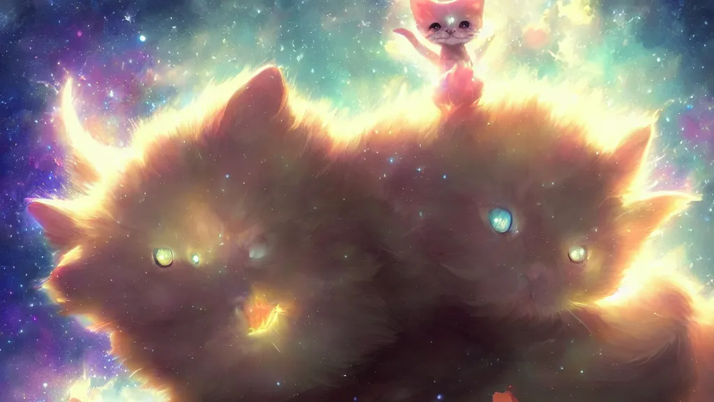 Image similar to cosmic kitty floating in space, bright stars, anime, a fantasy digital painting by Greg Rutkowski and James Gurney, trending on Artstation, highly detailed