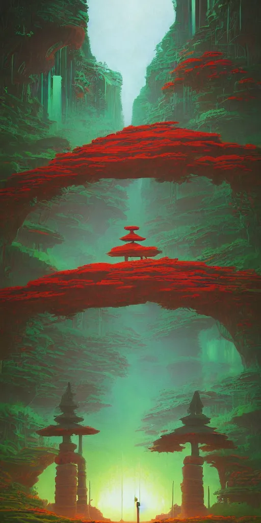 Image similar to the green torii gate!!! a highly detailed cinematic oil painting by roger dean and alena aenami, dynamic lighting
