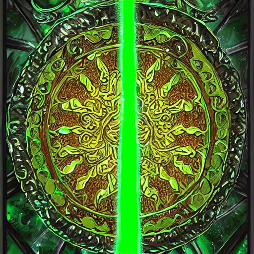 Image similar to Oil painting concept art of a magical acid sword glowing bright green, very intricate hilt, green color scheme, highly detailed concept art.