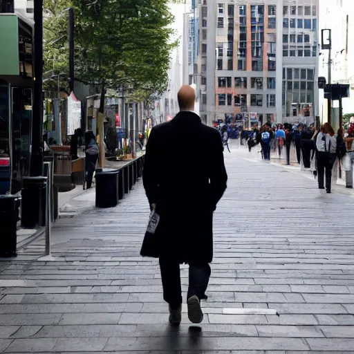 Prompt: A giant balding, white, ginger man walking through the city