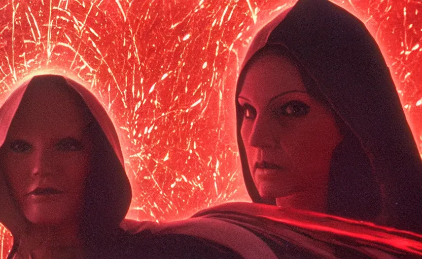 Image similar to screenshot portrait of female sith lord, on a planet of maelstrom, chaos, the world without form and void, 1970s film by Stanley Kubrick, iconic scene, HR Geiger design, stunning cinematography, hyper-detailed, sharp, anamorphic lenses, kodak color, 4k, stunning