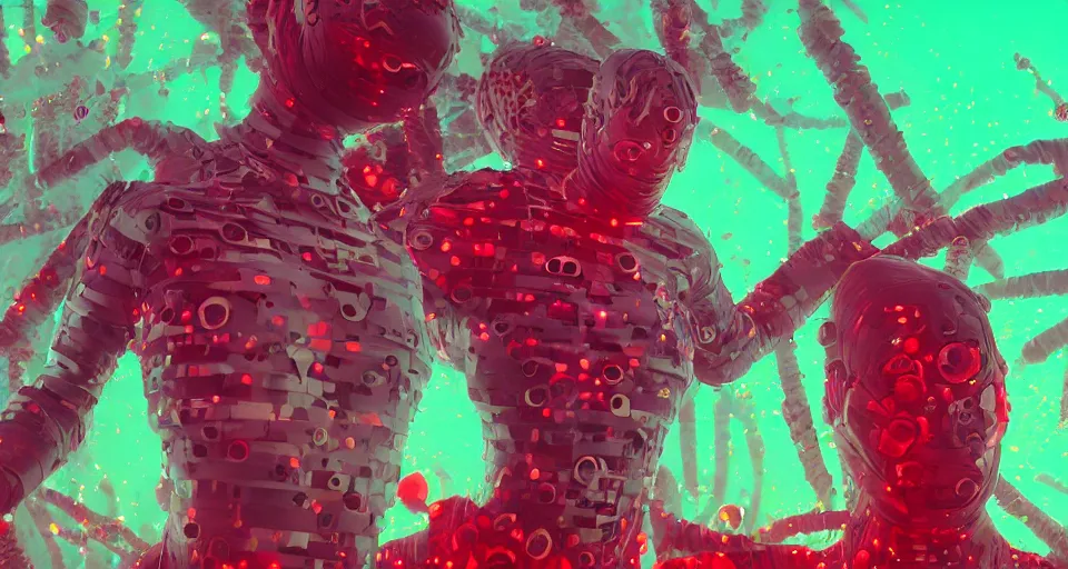 Image similar to a dystopian superhero comic book story about bacterium algae that eats people and creates large red diodes all over their bodies hdr, hyperrealistic, 8 k, bokeh, prism, octane render