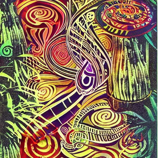 Prompt: 1995 magazine ad for iPhone, tribal graphic design theme, jungle leaf motif, spirals, musical instruments, airbrush style, global village coffeehouse