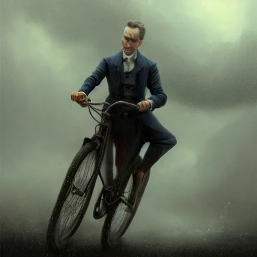 Image similar to cinematic shot epic portrait an man in a fancy suit riding a bike, rain, cloudy, broad light, ambient occlusion, volumetric light effect, made by ivan aivazovsky, peter mohrbacher, greg rutkowski, matte painting, trending on artstation, 4 k, perfectly defined features, digital painting, cinematic, epic, highly detailed,