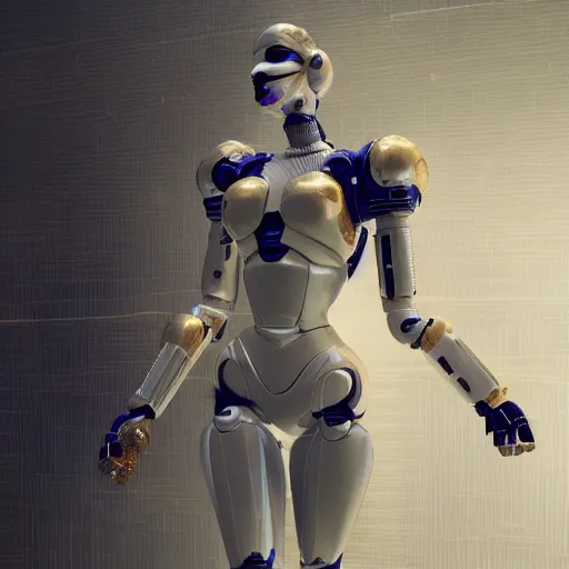 Image similar to octane render, a complex high poly cinematic 3 d model of a giant robotic android woman made out of porcelain with golden grout, jewel tone glowing eyes, fiber optic hair, inside a black rococo palace, 8 k, unreal enging, cinema 4 d, cinematic angle