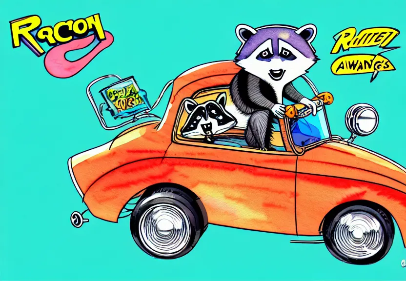 Image similar to cute and funny, racoon with funny expression riding in a tiny hot rod coupe with oversized engine, ratfink style by ed roth, centered award winning watercolor pen illustration, isometric illustration by chihiro iwasaki, edited by range murata