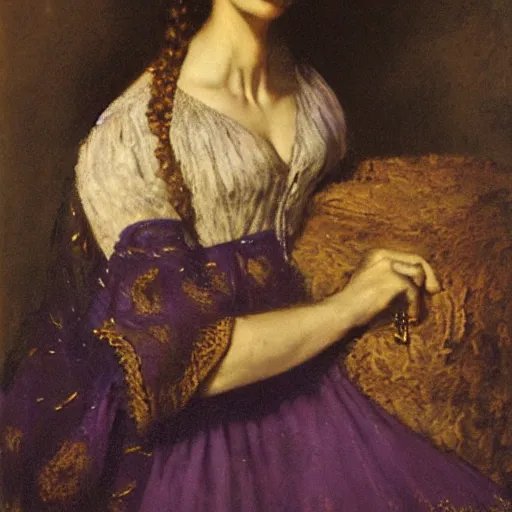 Image similar to portrait of a purple witch with golden embroidery, by gustave courbet.