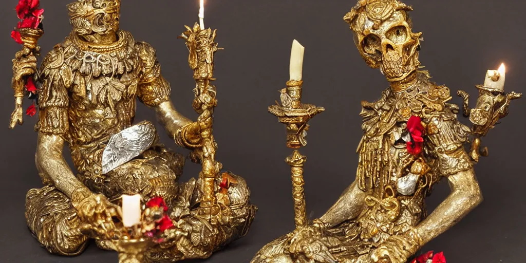 Prompt: intricate statue with gold and silver leafs, skulls, candles and red crystals, by Andres Rios, H 576