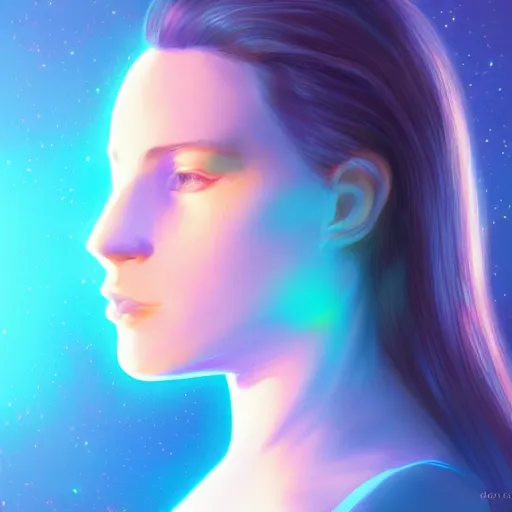 Image similar to holographic woman, beautiful, blue light, profile, science fiction, d & d, concept art, sharp focus, illustration, character art,