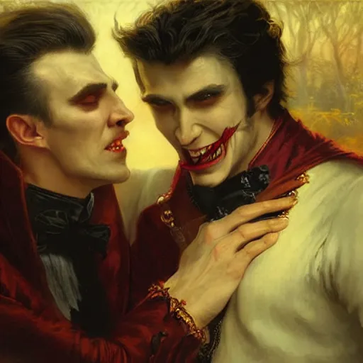 Image similar to attractive male, arthur pendragon confesses his love to attractive male dracula the vampire. highly detailed painting by gaston bussiere, craig mullins, j. c. leyendecker 8 k