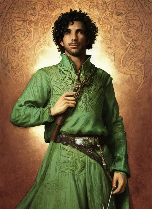 Image similar to medium-length portrait of a male bard with short curly hair and brown eyes, dark brown skin, happy expression, wears a combination of dark green tunic and boiled leather, medieval setting, highly detailed, digital painting, artstation, concept art, sharp focus, illustration, art by greg rutkowski and alphonse mucha