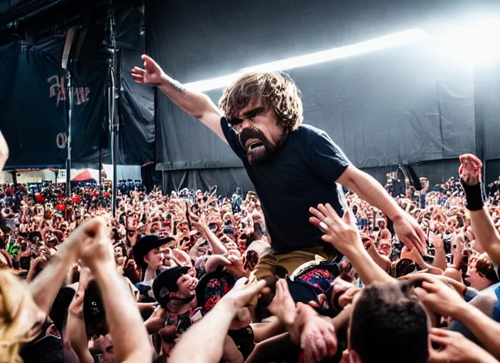 Image similar to photo still of peter dinklage at the vans warped tour!!!!!!!! at age 3 6 years old 3 6 years of age!!!!!!!! stage diving into the crowd, 8 k, 8 5 mm f 1. 8, studio lighting, rim light, right side key light