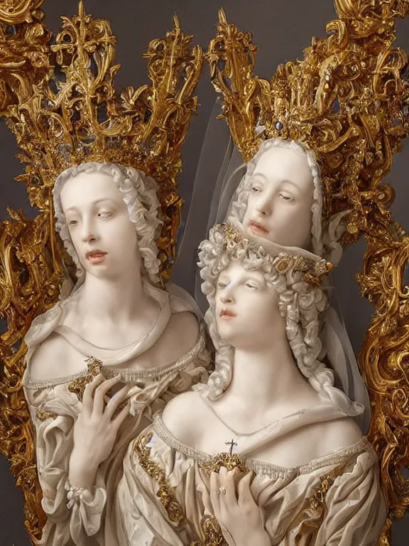 Prompt: a beautiful portrait render of two baroque catholic veiled queen sculpture with symmetry intricate detailed ,heart,pray,love,crystal-embellished,by Daveed Benito,LEdmund Leighton,Virginie Ropars,peter gric,aaron horkey,Billelis,trending on pinterest,hyperreal,gold,silver,ivory,maximalist,glittering,golden ratio,cinematic lighting