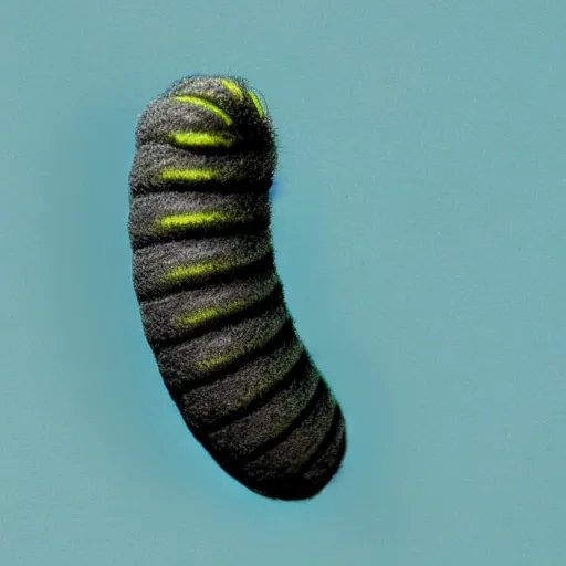 Image similar to studio photograph of a matte gray catterpillar with a neon blue head