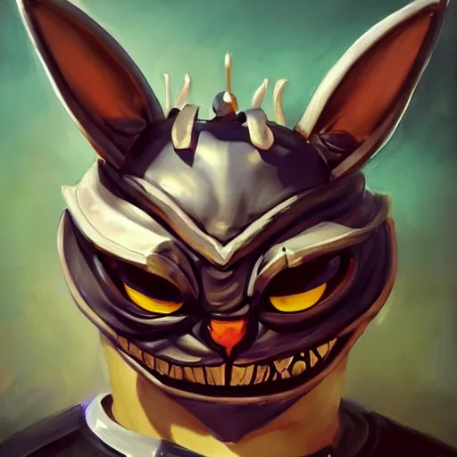 Image similar to greg manchess portrait painting of partially armored cheshire cat from alice in wonderland as overwatch character, medium shot, asymmetrical, profile picture, organic painting, sunny day, matte painting, bold shapes, hard edges, street art, trending on artstation, by huang guangjian, gil elvgren, ruan jia, randy vargas, greg rutkowski